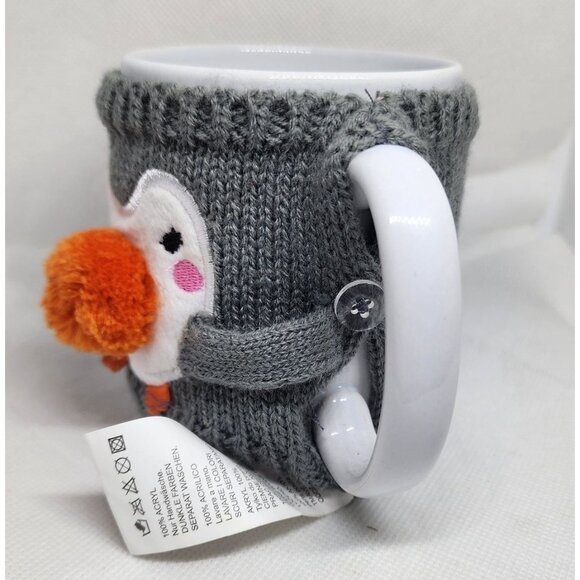 Penguin Mug With Knitted Gray Sweater Cozy & Orange Pom-Pom Design - Picture 3 of 8